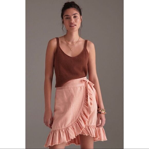 NEW Anthropologie Pilcro Nettie Ruffled Hem Pink Wrapped Mini Skirt Small - Picture 1 of 4